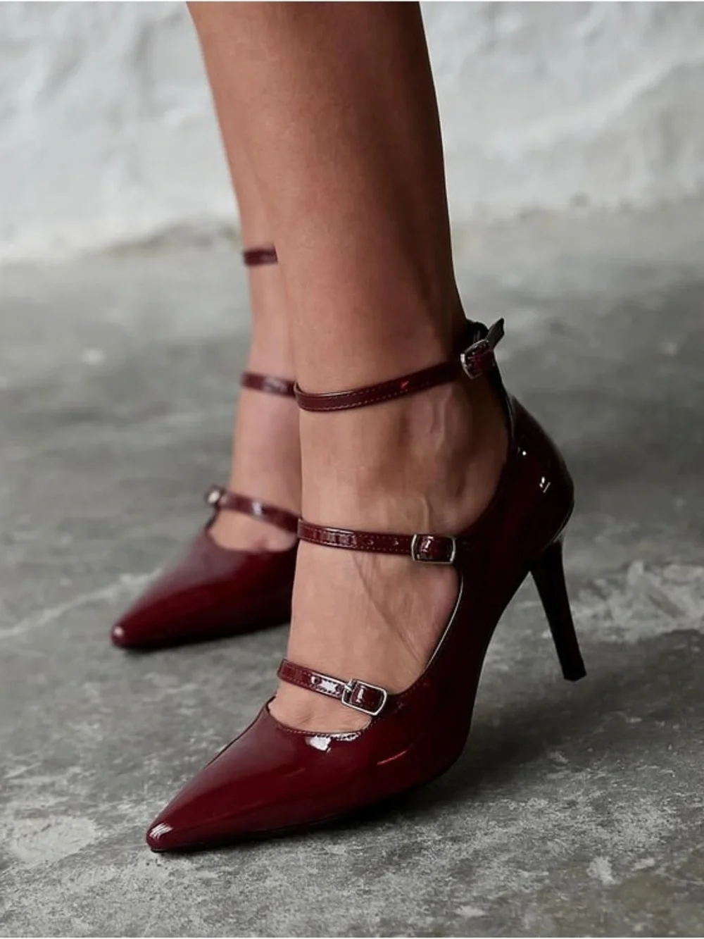 Marc Fisher Patent Triple-Strap Pointed-Toe Mary Jane Burgundy Heels (6.5)